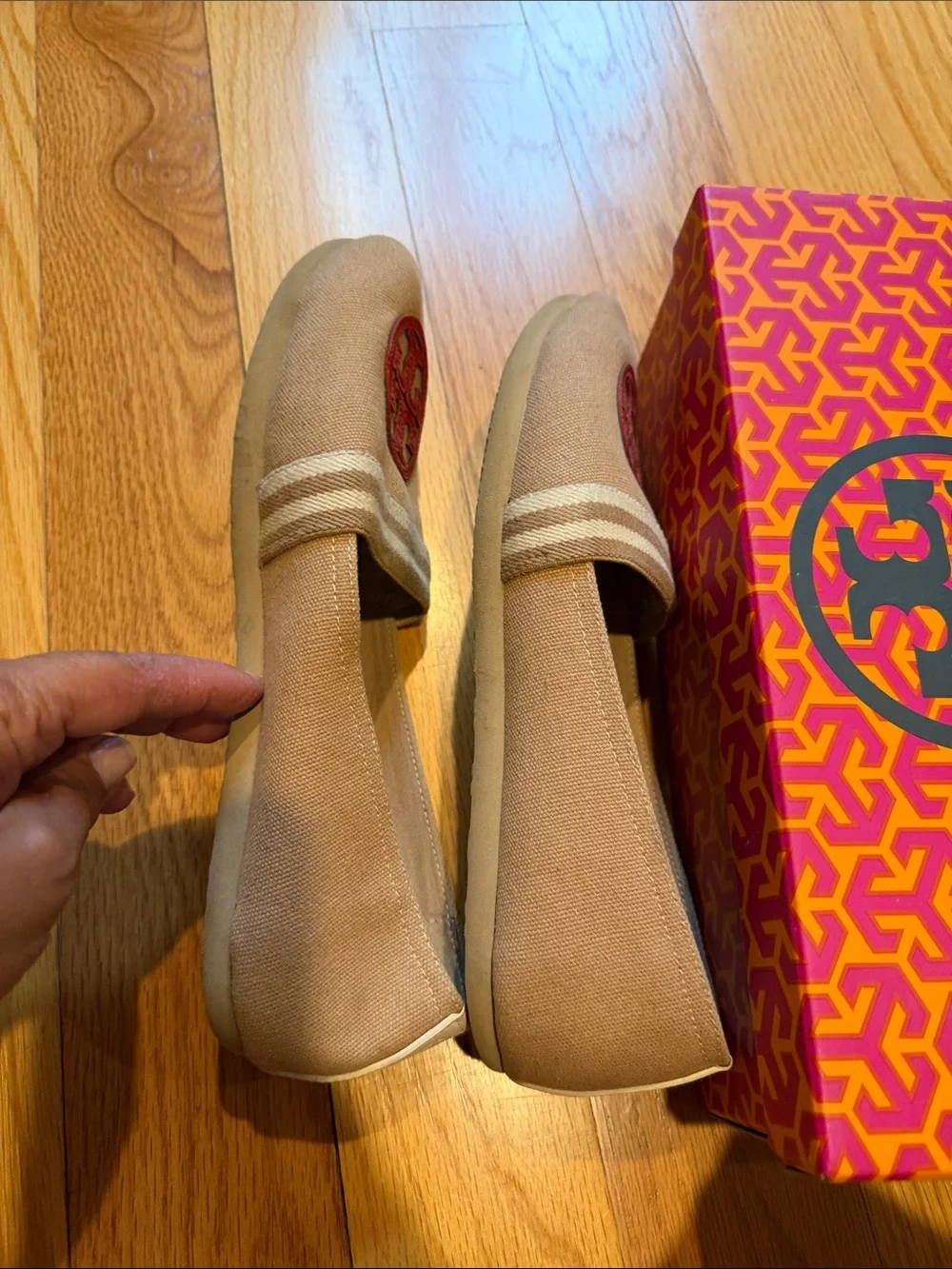 Tory Burch Tan Canvas Slip-Ons with Red Logo Medallions